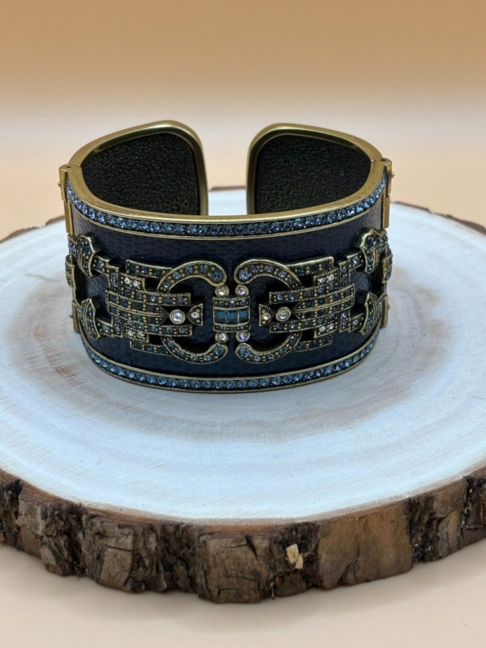 Heidi Daus Denim & Deco Navy Leather Crystal Cuff Bracelet – NIB